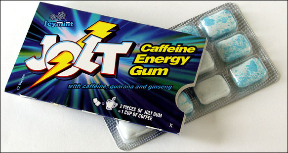 The makers of Jolt Gum aren't bashful about promoting its caffeine content. Two pieces contain the same kick as a cup of coffee.